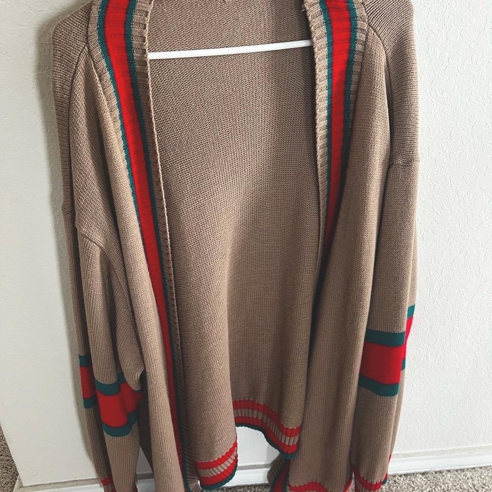 Boohoo Plus Tan Cardigan with Red and Green Stripes